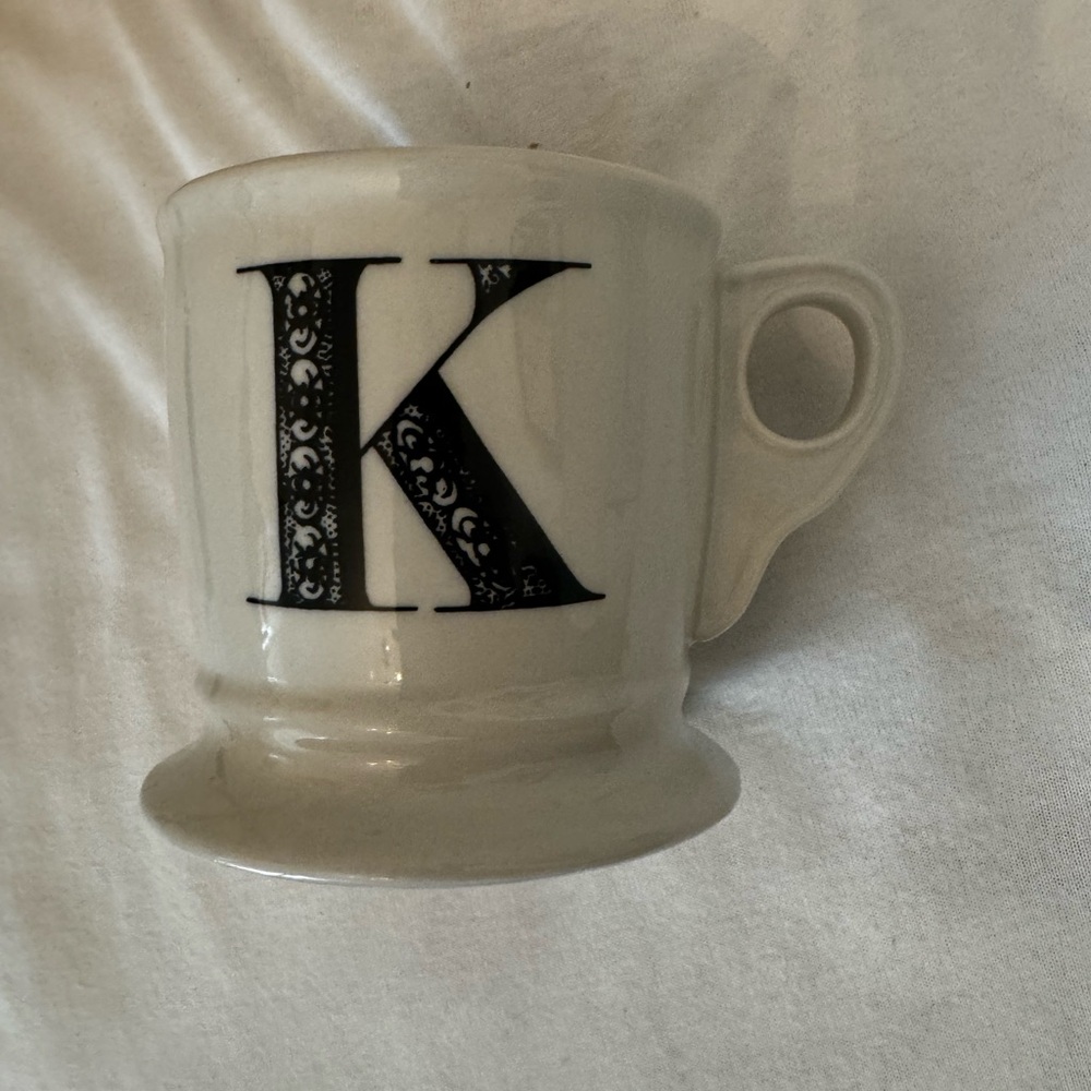 Anthropologie Mug Monogram Letter K Alphabet Coffee Tea Black White 12 ounces